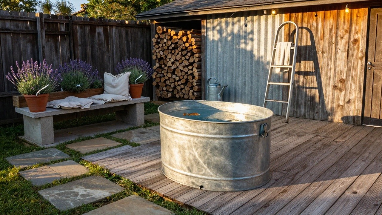 Wooden deck with a small embedded galvanized stock tank pool, stone pavers, potted lavender plants, cushioned bench, firewood stack, ladder, and gray shed in the background.