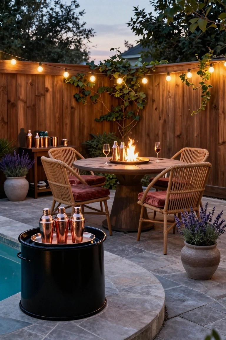 Outdoor patio featuring a round wooden table with central gas fire pit, flanked by rattan chairs with red cushions, adjacent to a small turquoise pool, with potted lavender plants, copper barware, string lights on ivy-covered wooden fence, and a black cylindrical fire pit nearby.
