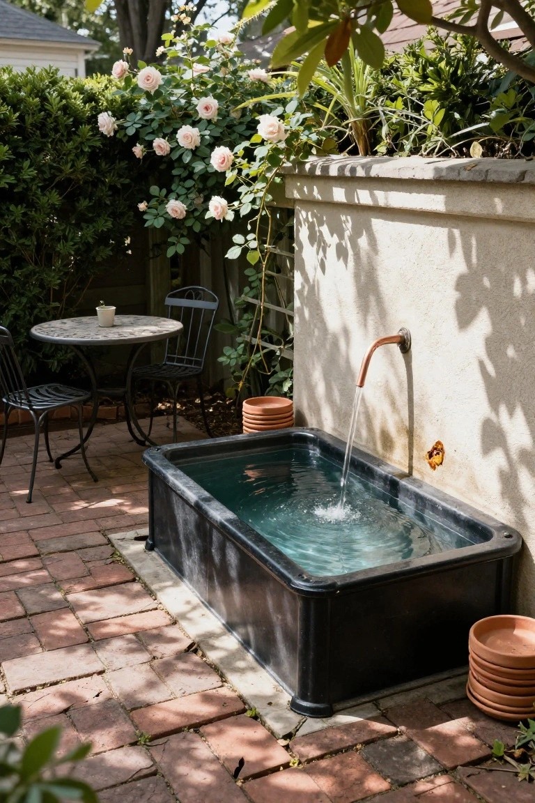 Black rectangular stock tank pool on a brick patio filled with water cascading from a copper faucet on a beige stucco wall, with a small round table and two metal chairs nearby, surrounded by climbing roses, potted plants, and greenery.