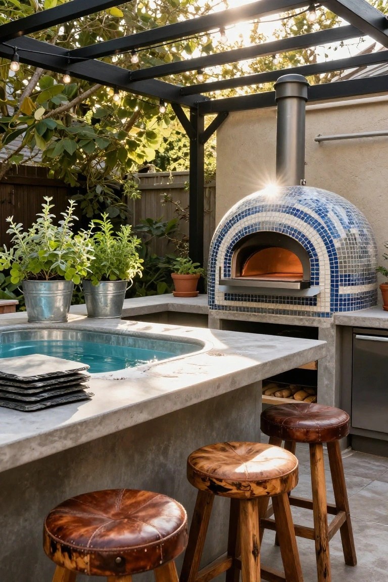 Outdoor concrete countertop bar with embedded rectangular turquoise stock tank pool, pizza oven, potted herbs in metal buckets, leather bar stools, and pergola overhead.