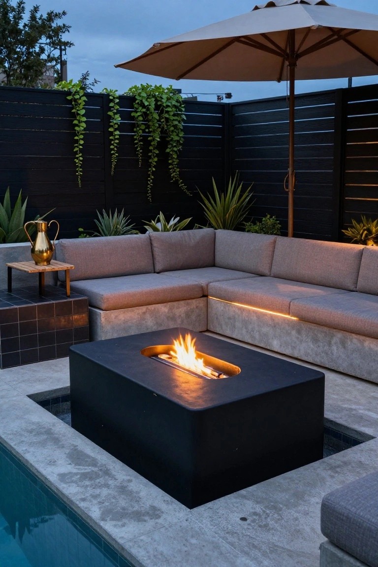Poolside outdoor lounge with L-shaped light gray concrete sofa seating around a black rectangular fire pit table inset with gas flames at the edge of a blue-tiled pool, beige umbrella overhead, potted plants, and black slatted fence backdrop.