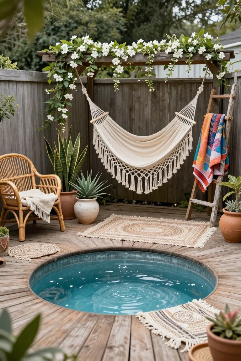 Round blue stock tank pool sunk into a wooden deck surrounded by boho elements including a white macrame hammock hanging from a vine-covered wooden arbor, rattan armchair with throw blanket, potted plants, woven rugs, and colorful towels on a ladder.