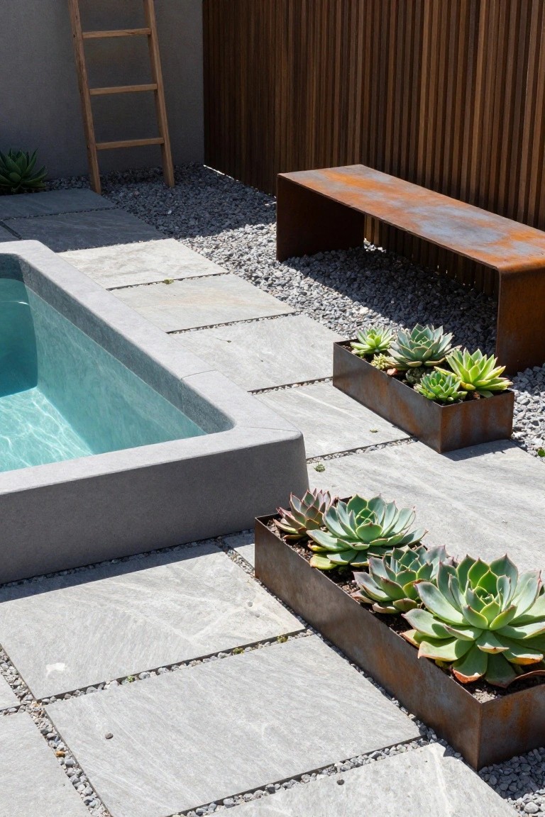 Small rectangular pool with turquoise water and gray concrete edges on light gray pavers and gravel ground, next to corten steel bench and rectangular planters filled with green succulents, wooden ladder leaning on beige wall, and vertical slat wooden fence.