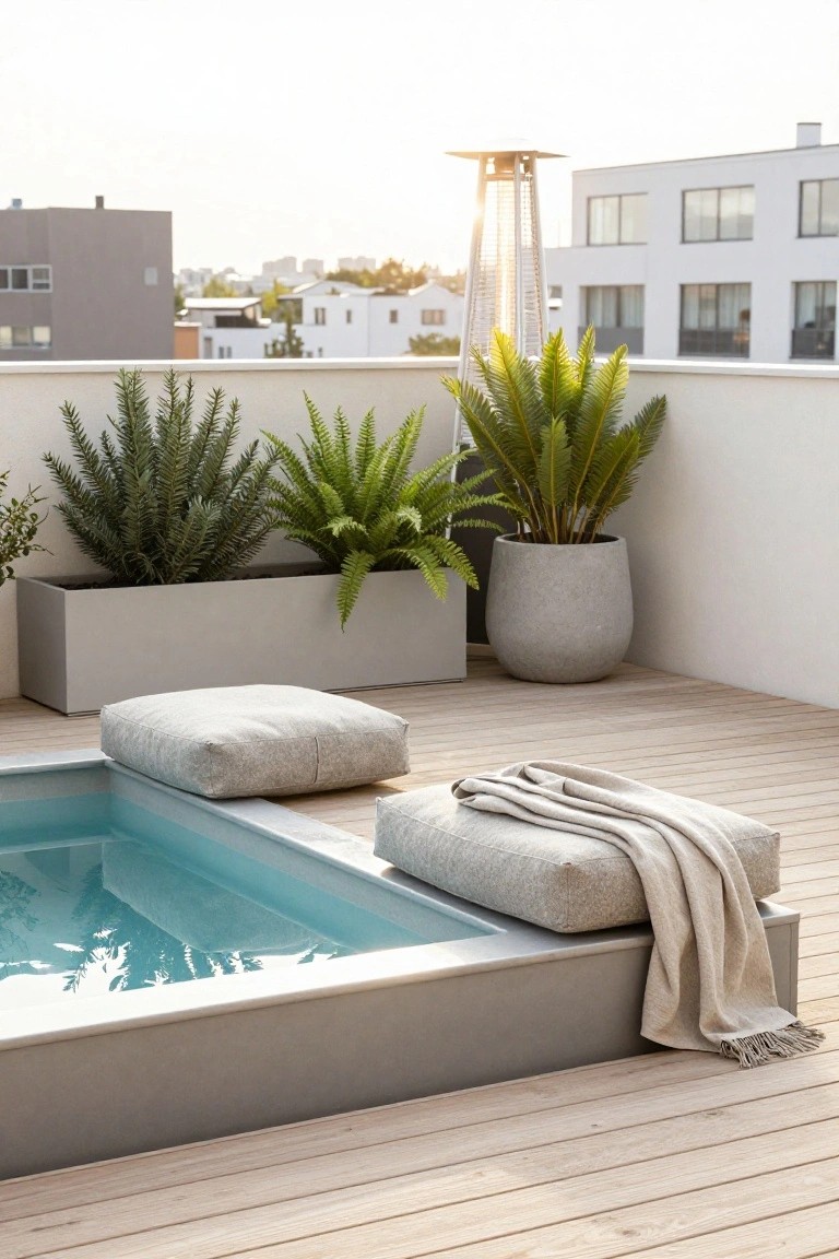 Small turquoise rectangular pool embedded in a wooden rooftop deck surrounded by large gray floor cushions, potted green plants in gray containers, and urban buildings in the background at sunset.
