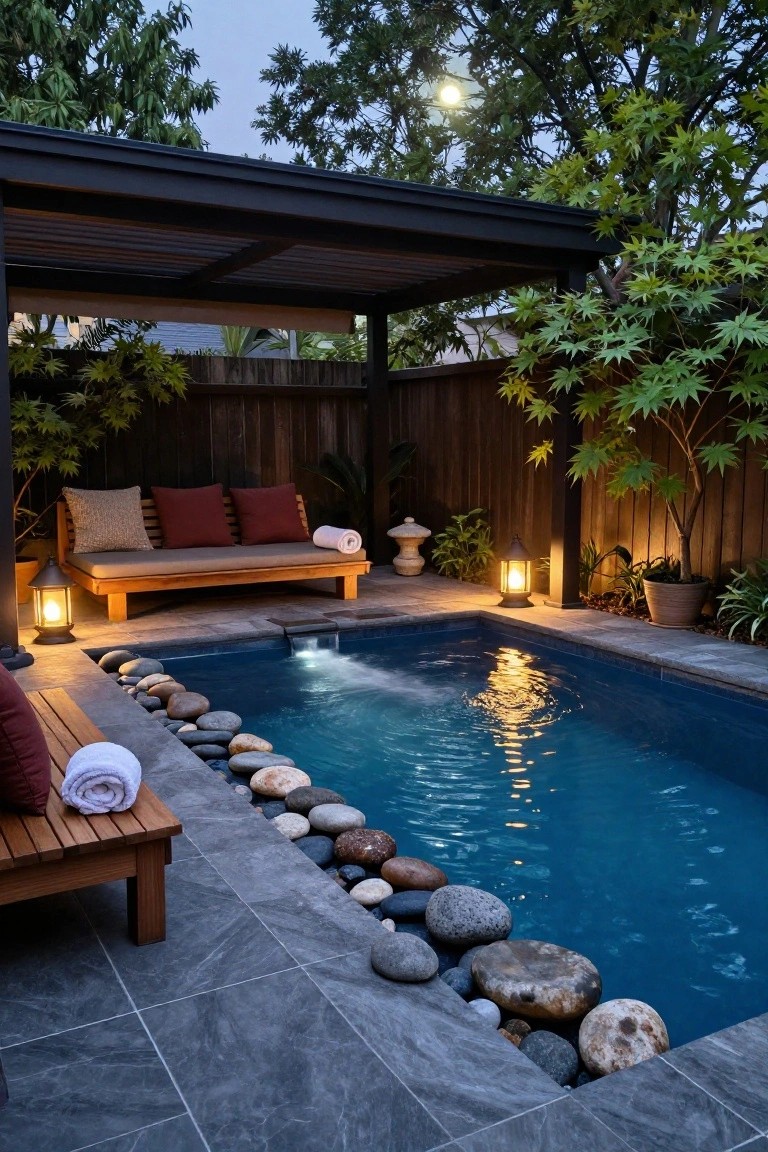 Small rectangular blue pool with river rock border in a backyard patio area featuring wooden benches, potted plants, lanterns, and a pergola at dusk.