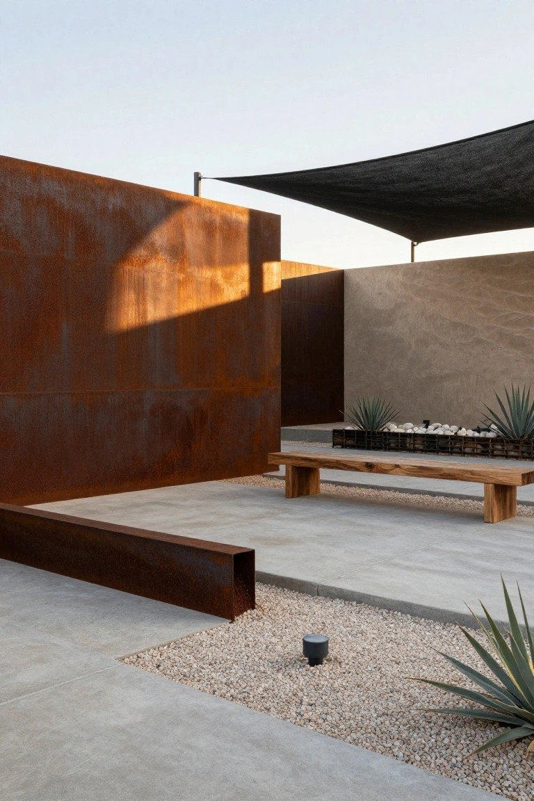 Outdoor courtyard with tall rusted corten steel walls, long wooden bench on concrete patio, black shade sail overhead, agave plants in metal planters with rocks, gravel bed, and low ground lights.
