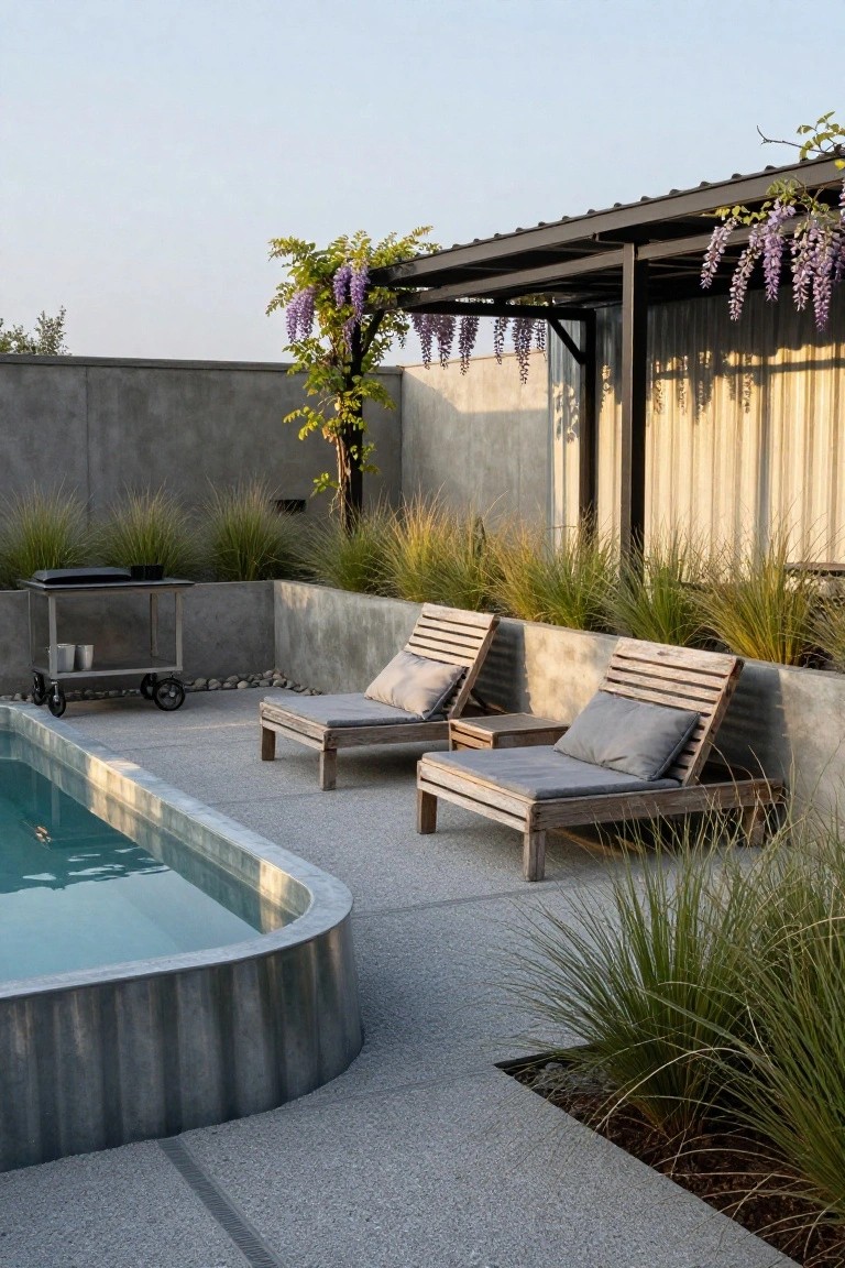 Curved turquoise pool with corrugated metal rim set into gray concrete deck, flanked by two wooden loungers with gray cushions, tall grasses in raised planters, metal cart, and wisteria-draped pergola structure.