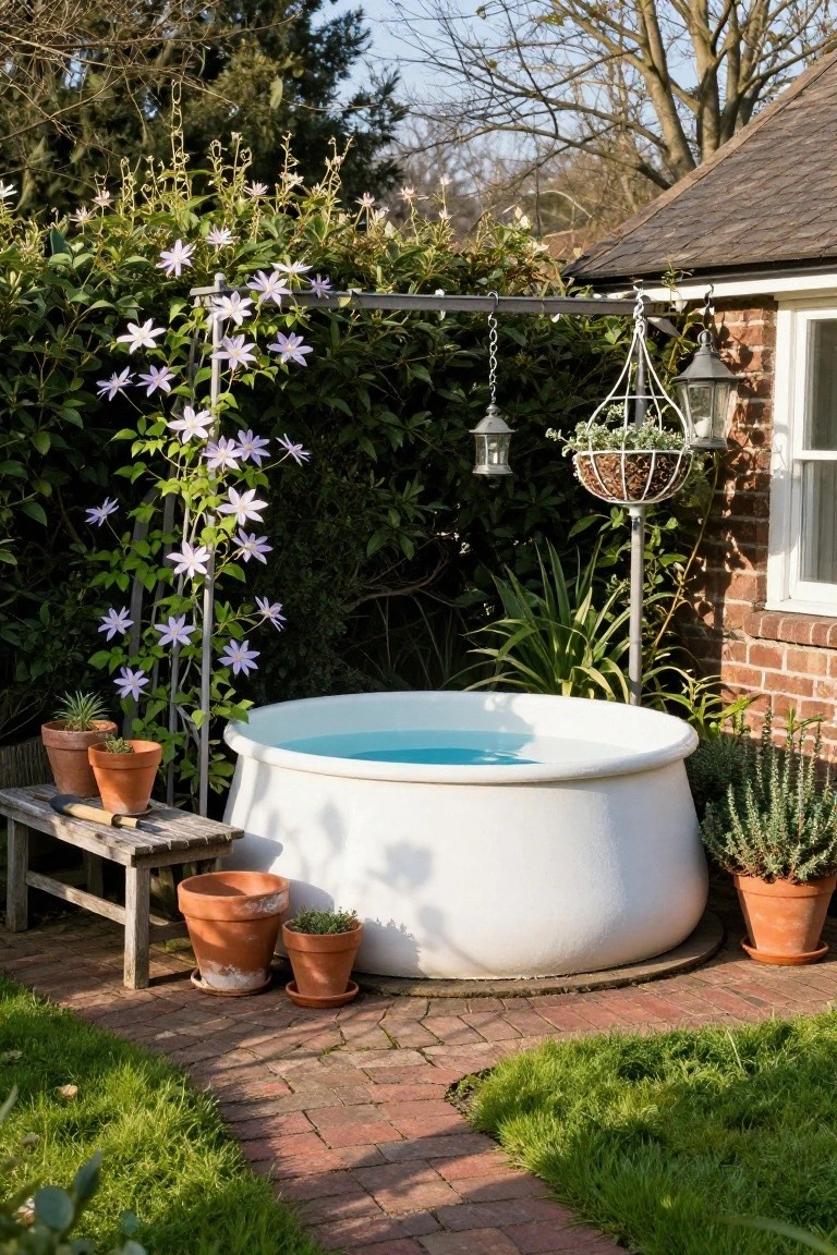 A round white stock tank pool with blue water in a brick-paved garden patio, surrounded by potted plants, purple climbing flowers on a metal trellis and arch, a wooden bench, hanging lanterns, and a brick outbuilding.