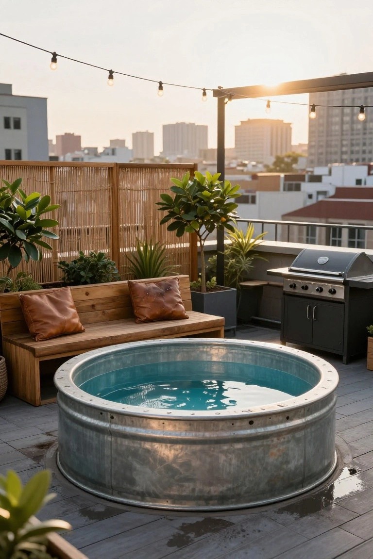 Galvanized metal stock tank filled with blue water as a pool on a wooden rooftop deck, with bamboo privacy screens, potted plants, wooden bench with leather cushions, black barbecue grill, and string lights against a city skyline at sunset.