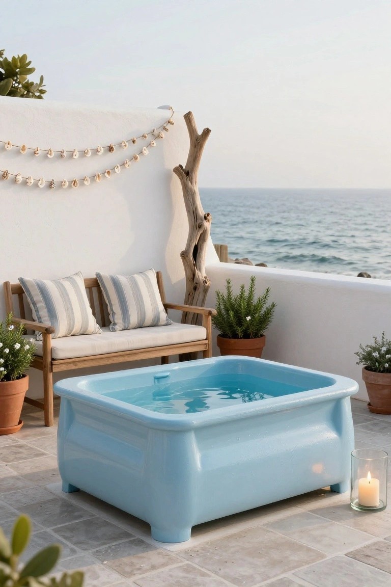 Blue rectangular stock tank pool on a tiled outdoor terrace with white walls, wooden bench with striped cushions, potted plants, shell garlands, driftwood, and ocean view in the background.