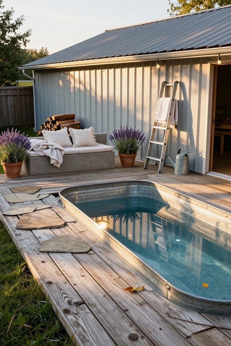Wooden deck with a small embedded galvanized stock tank pool, stone pavers, potted lavender plants, cushioned bench, firewood stack, ladder, and gray shed in the background.
