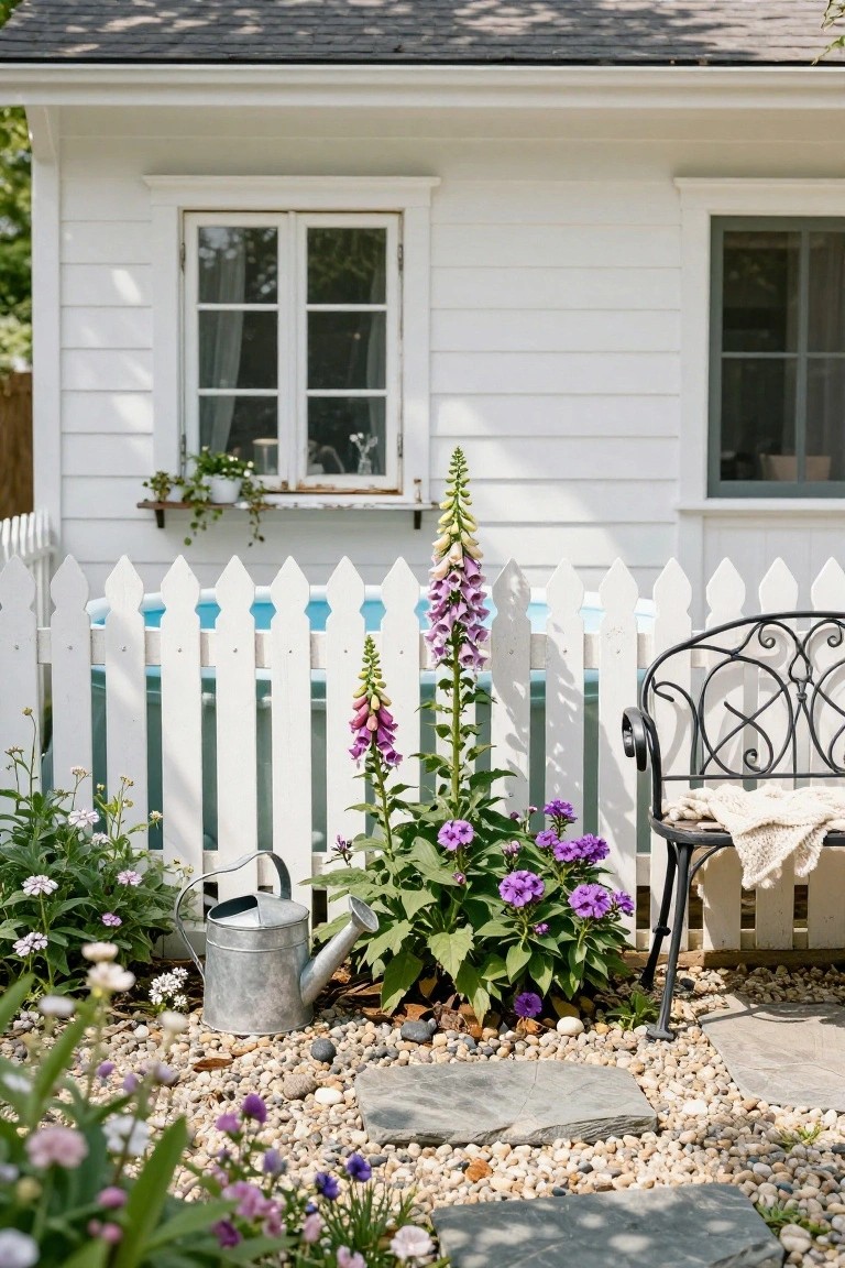 Small blue stock tank pool behind white picket fence surrounded by tall foxglove flowers, purple blooms, galvanized watering can, and black metal bench on gravel near white shed
