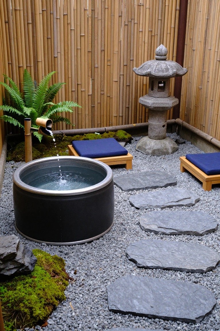 Small black circular metal stock tank pool in gravel yard enclosed by bamboo fencing, featuring stone lantern, bamboo water feature with fern, moss-covered rocks, irregular flat stone stepping stones, and two wooden platforms with blue cushions.