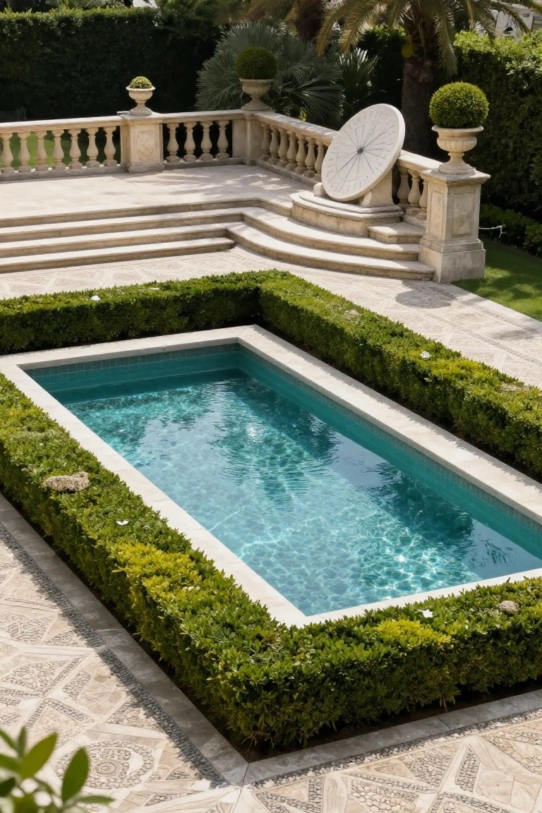 Rectangular turquoise plunge pool surrounded by low boxwood hedges on a beige stone terrace with patterned paving, stairs leading to a balcony, and palm trees in the background.