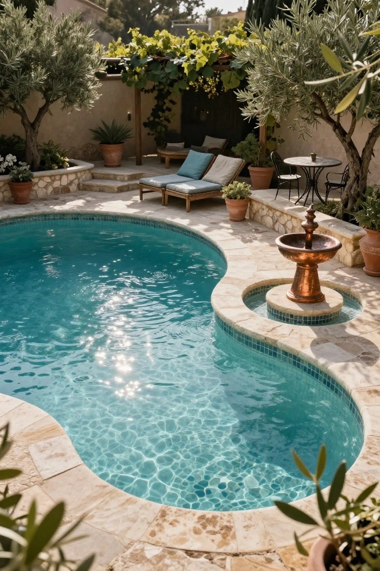 Curved turquoise pool with a bronze fountain on a raised stone pedestal at the edge, surrounded by beige stone paving, olive trees, potted plants, lounge chairs, and a small metal table.