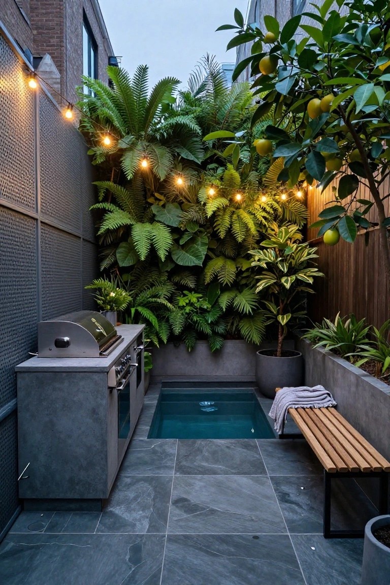 Narrow backyard courtyard with small rectangular blue plunge pool, built-in stainless steel BBQ on grey concrete cabinetry, wooden bench with towels, lush vertical fern wall, citrus tree, potted plants, string lights, and dark grey tiled floor.