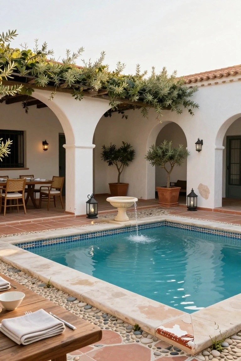White stucco courtyard with arched colonnades overgrown with vines and olive trees, a small turquoise mosaic pool edged in pebbles and stone, adjacent stone fountain, potted plants, lanterns, and wooden outdoor dining table on terracotta tiles.