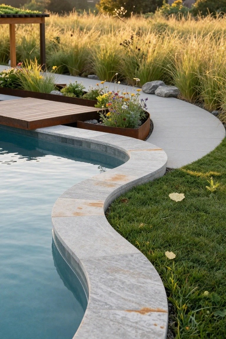 Curved swimming pool with light gray stone coping, surrounded by tall golden grasses, wildflowers, rocks, rusted metal planters, wooden deck bridge, and concrete path in a grassy backyard at sunset.