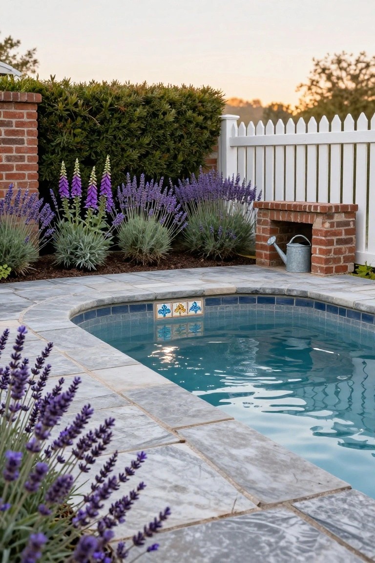 Small curved pool with blue tiles and fish design accents, bordered by lavender plants, gray stone pavers, a brick watering station with metal can, and white picket fence in the background.