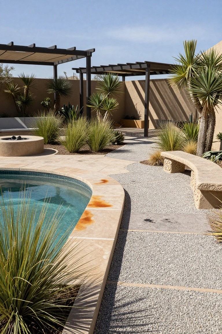 Curved turquoise pool with beige stone coping edged by green ornamental grasses, adjacent gravel pathway leading to carved stone bench and circular fire pit, surrounded by yucca plants, pergolas, and adobe walls in a backyard setting.