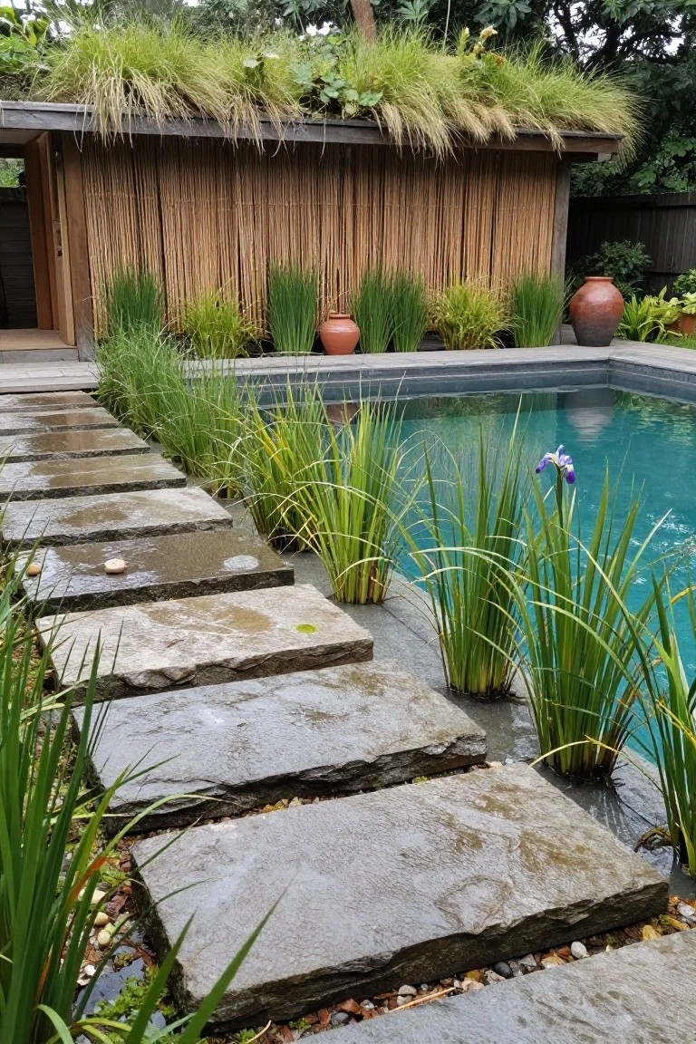 Turquoise pool with dark gray surround edged in tall green reeds and grasses including purple iris flowers, irregular wet gray stone slabs as stepping path leading to the water, bamboo screening on a wooden structure and potted plants nearby.