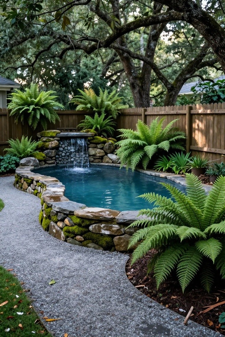 Small turquoise kidney-shaped pool with a moss-covered rock waterfall at one end, surrounded by ferns, stone edging, gravel path, wooden fence, and oak trees in a backyard.