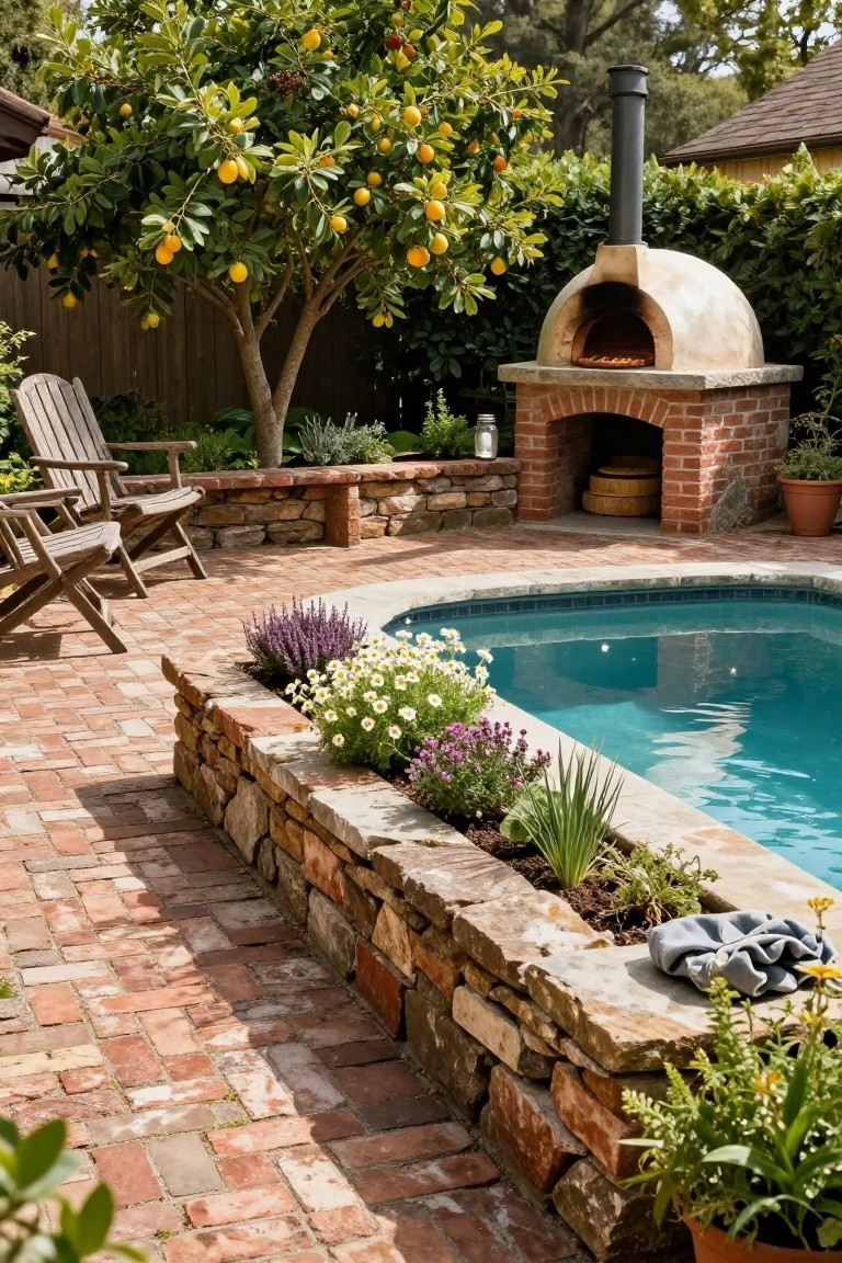 Curved backyard swimming pool edged by a raised stone wall with integrated planters containing lavender, daisies, grasses, and other flowers, next to brick paver patio, wood-fired oven, Adirondack chairs, and lemon tree.