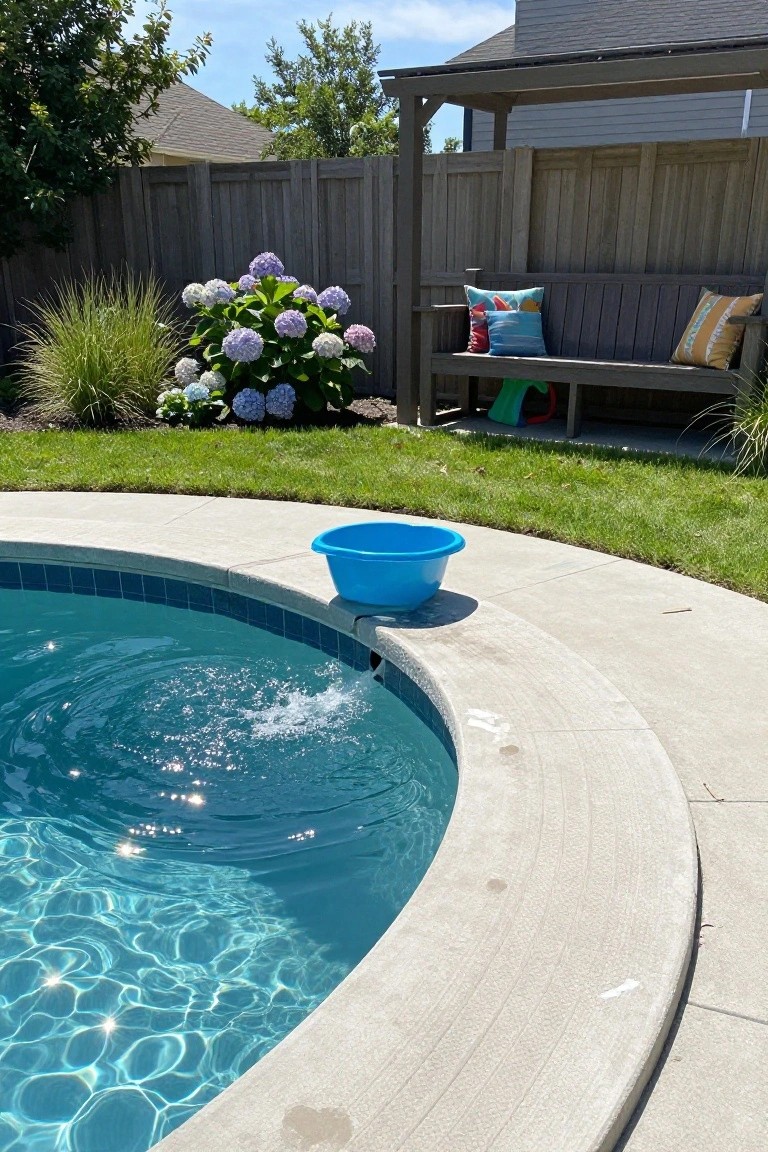 Close-up of a curved blue-tiled pool edge with clear rippling water from a small inlet jet, a blue plastic bucket placed on the light concrete deck nearby, green grass abutting the deck, large blooming hydrangea bushes, and a wooden bench with colorful pillows and a green plastic toy slide in the background under a covered pergola structure.