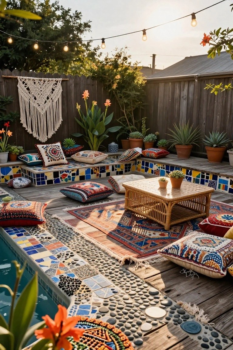 Poolside deck with built-in tiled benches covered in colorful patterned pillows and cushions, a central rattan table with potted plants, scattered rugs, string lights overhead, potted succulents and flowers, and a wooden fence backdrop.