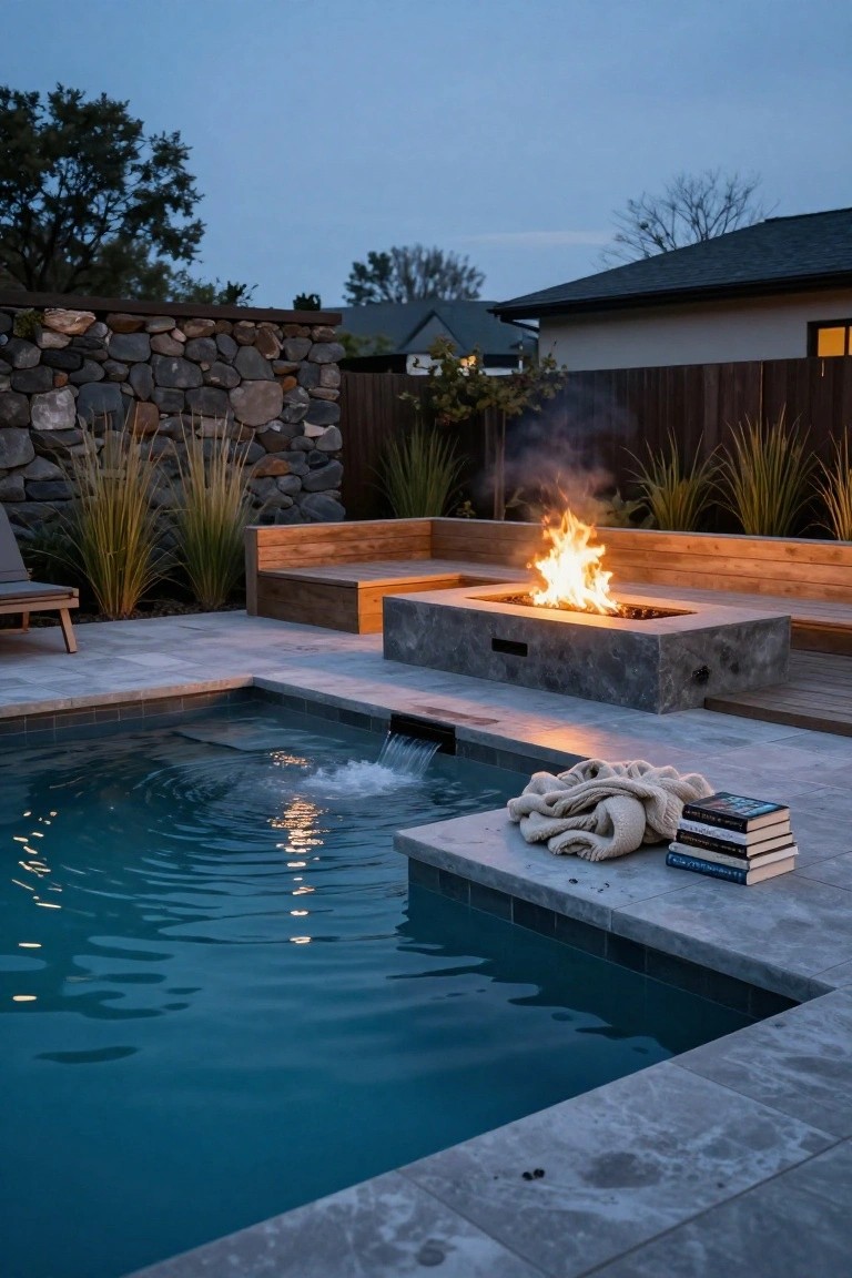 Backyard pool at dusk with linear gas fire pit table on the adjacent concrete deck, built-in wooden benches beside it, stone wall with pampas grasses in background, lounge chair, towels and books on deck edge, water spillover feature.