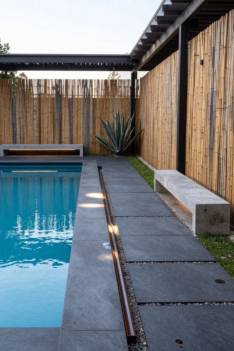 A rectangular swimming pool with dark gray tiled edges bordered by black stone pavers, a thin illuminated linear channel along the deck, a concrete bench nearby, bamboo fencing, and an agave plant against the fence.