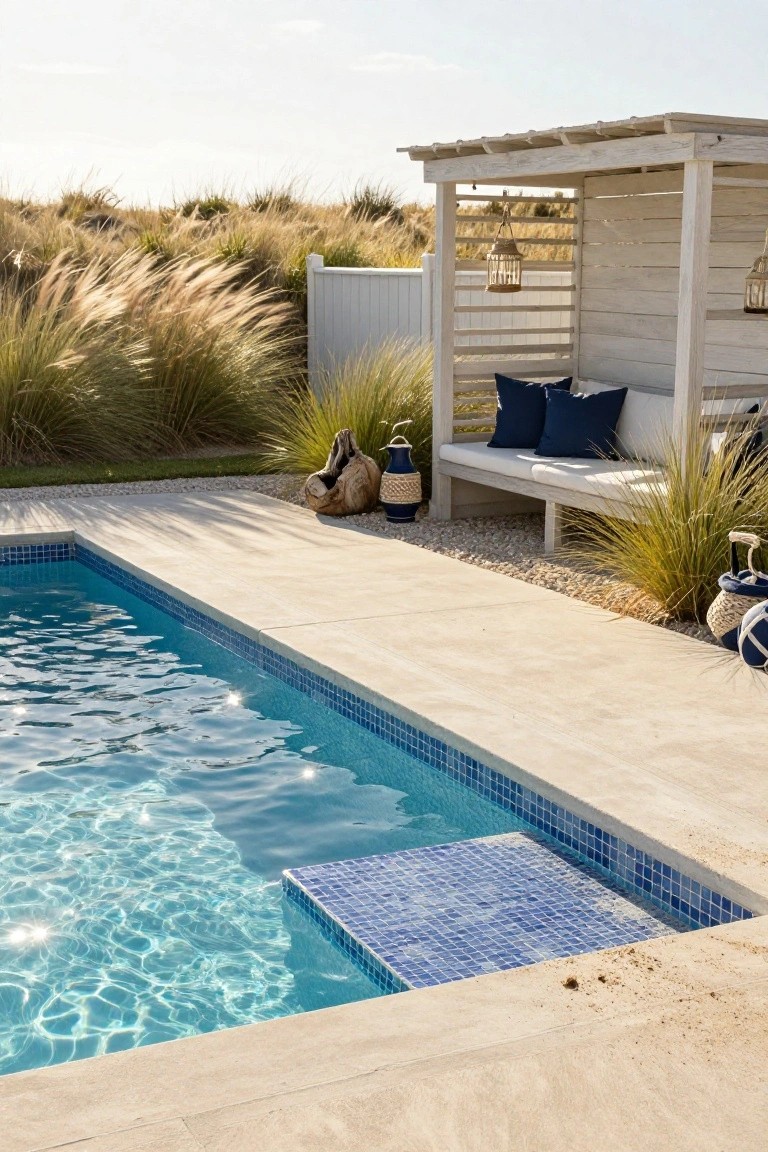 A rectangular pool with blue tiled edges and a travertine deck, adjacent to a white wooden pergola sheltering a bench with navy cushions, surrounded by tall ornamental grasses and beach dunes.