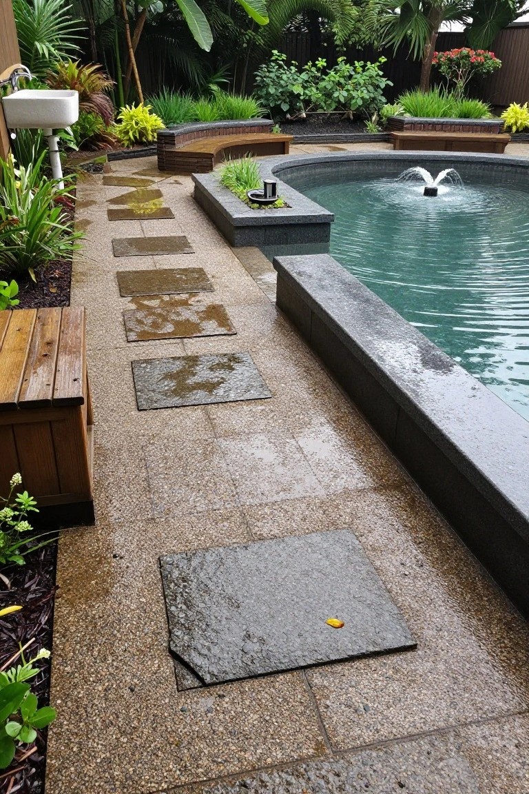 Curved turquoise pool with central fountain and dark stone edging, irregular large dark stone stepping slabs on gravel path alongside, wooden benches, tropical plants, and outdoor sink in rainy garden setting.