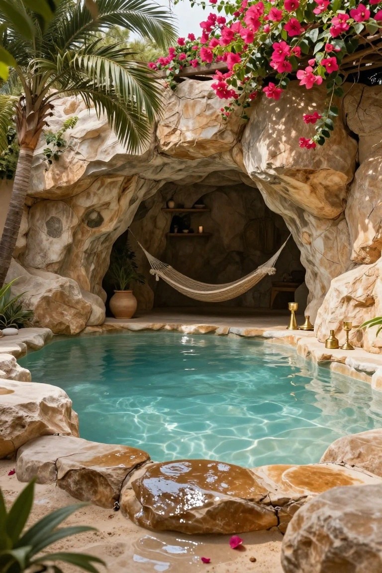 Small turquoise plunge pool inside a cave-like rock enclosure with beige stone walls, a white hammock hanging within, potted plants, gold candlesticks, and surrounding tropical greenery and boulders.