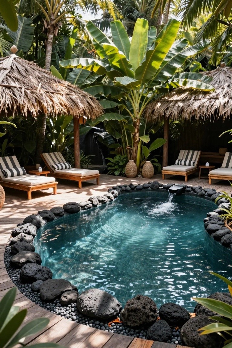 Oval turquoise pool edged with irregular black lava rocks on a wooden deck, surrounded by tropical plants, banana trees, thatched-roof structures, and striped loungers.