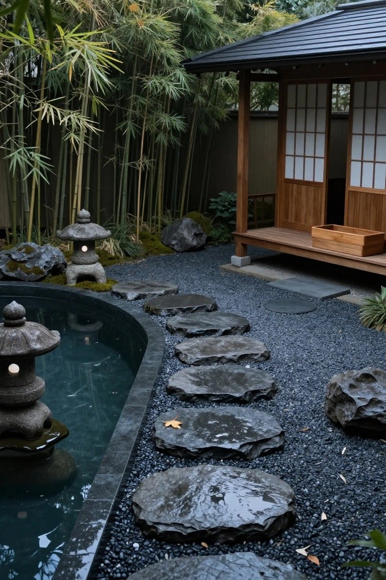 Curved black pool in a Japanese-style gravel garden with two stone lanterns lit inside the water and nearby, irregular large dark stepping stones across black gravel path leading toward a wooden pavilion, surrounded by bamboo plants and mossy rocks.