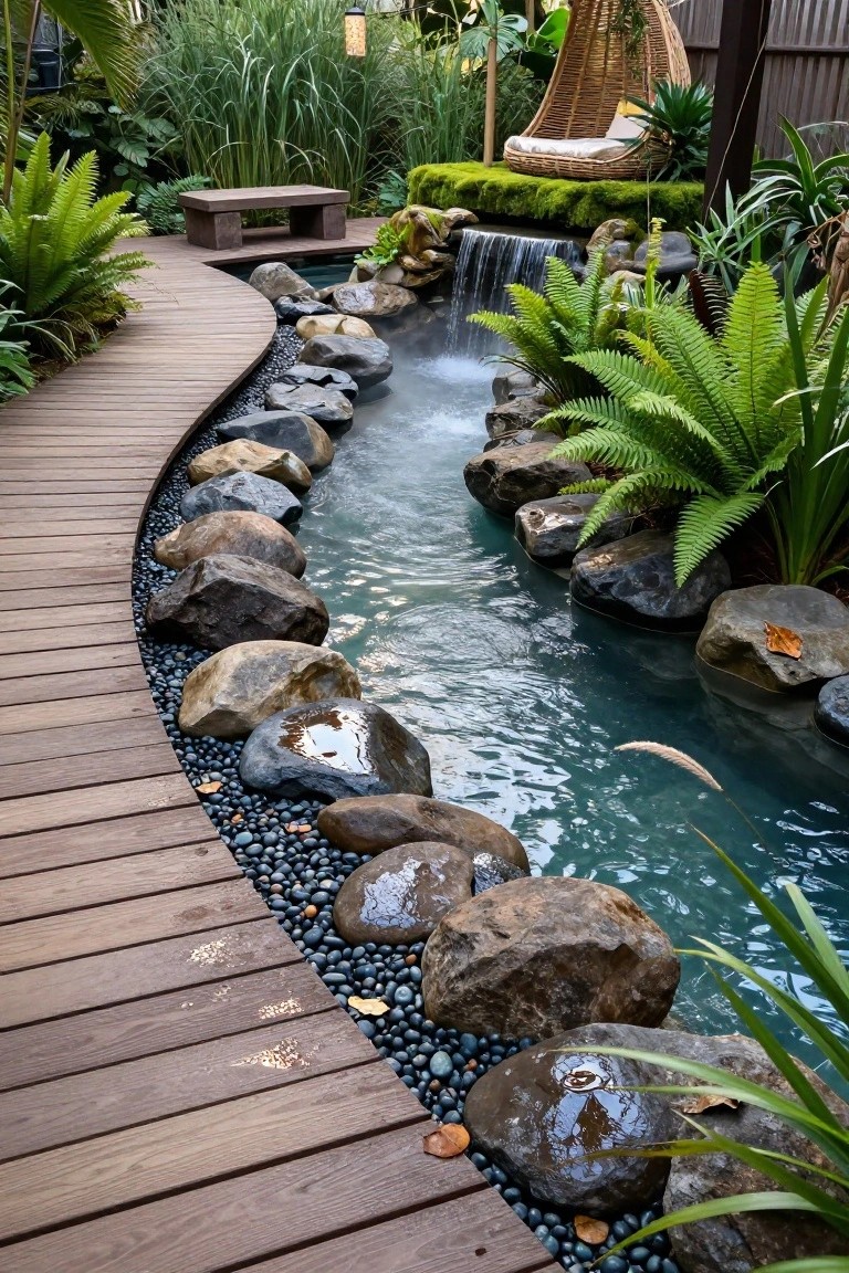 Curved wooden boardwalk pathway alongside a narrow turquoise stream edged with large gray rocks, black pebbles, tropical plants, and a small waterfall in a lush backyard garden.