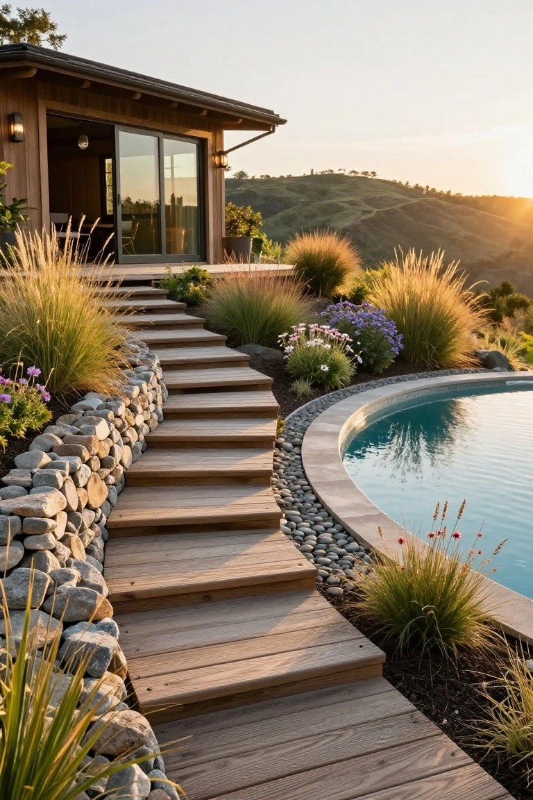 Wooden staircase with dry-stacked stone retaining walls and ornamental grasses leading down to a curved pool edged in pebbles, next to a wooden cabin on a hillside at sunset.