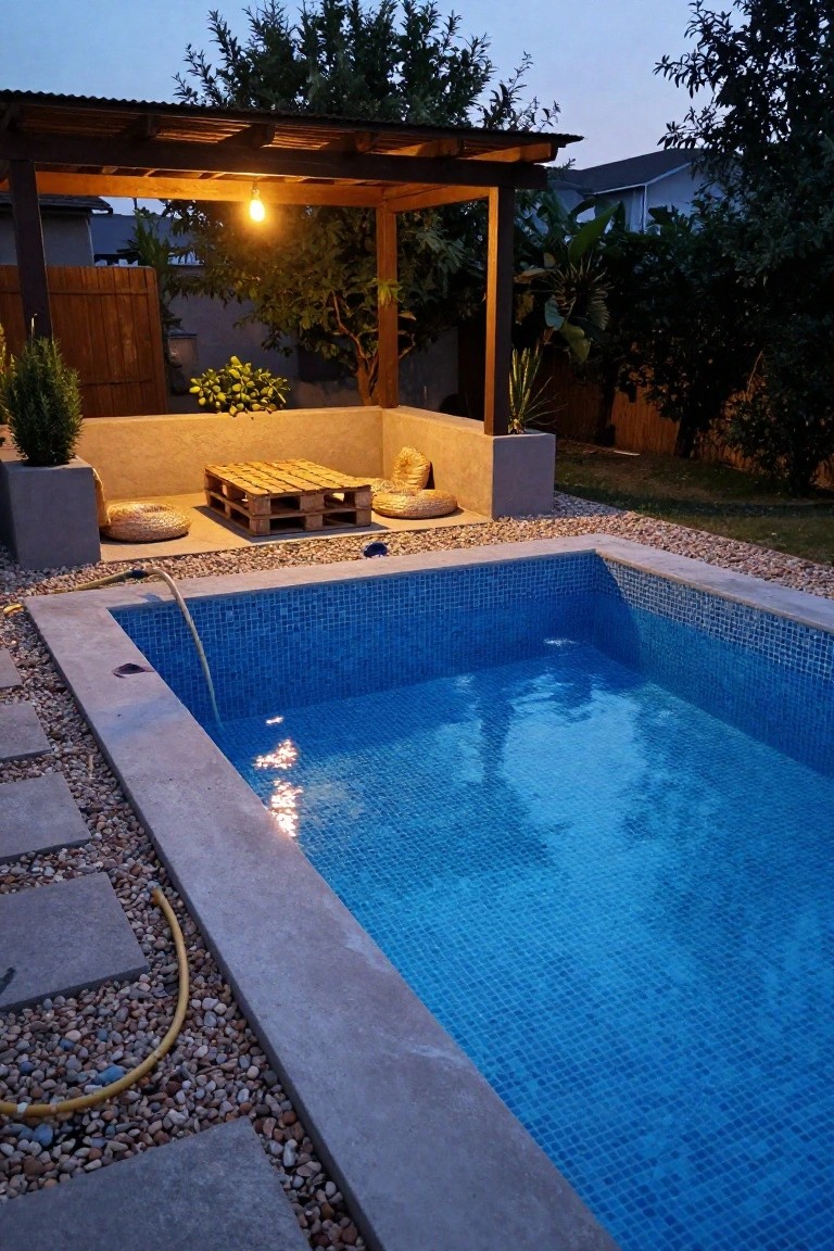 Backyard view of a small blue mosaic-tiled semi-inground pool with pebble and paver surround, yellow hose in the water, adjacent wooden pergola sheltering pallet table and cushion seating amid plants and trees at dusk.