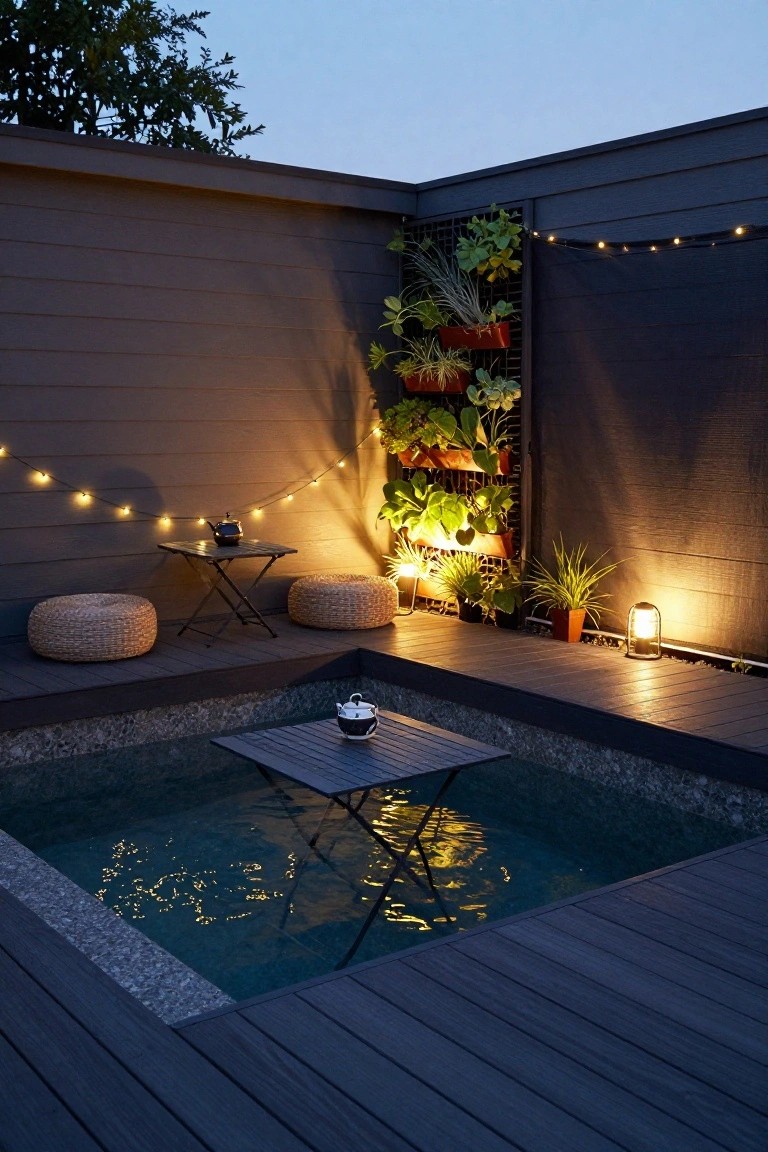 Small semi-inground pool built into a corner of a dark wooden deck, with pebble edging, low woven pouf seats, small metal table holding a teapot, vertical plant wall on fence, string lights, potted plants, and lanterns in an enclosed backyard at dusk.
