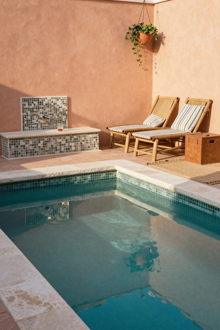 Small turquoise semi-inground pool with mosaic tile edges next to a matching tiled fountain bench holding a glass tumbler, two rattan lounge chairs with white and striped cushions, a wooden side table, seagrass rug, hanging potted plant, and pink stucco wall.