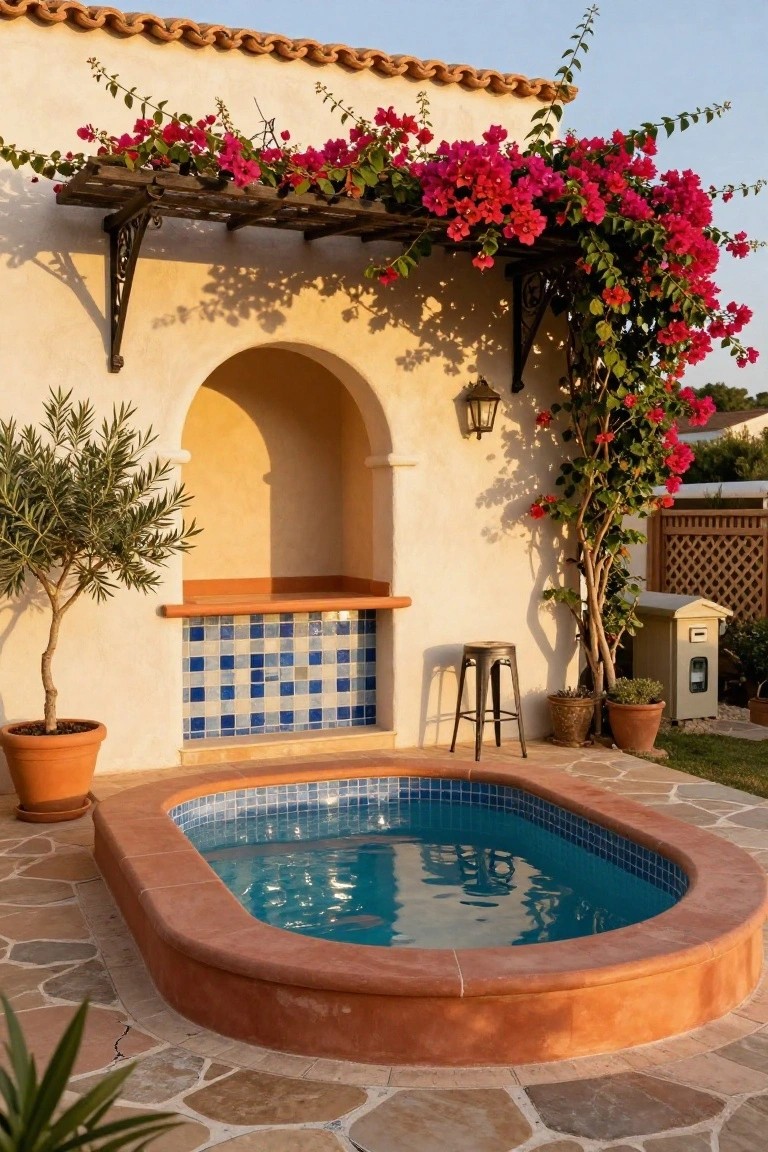 Small oval semi-inground pool with blue tiles and terracotta edging next to a blue-tiled bar counter with metal stool, surrounded by potted plants, bougainvillea vines on a pergola, and stucco architecture on terracotta pavers.
