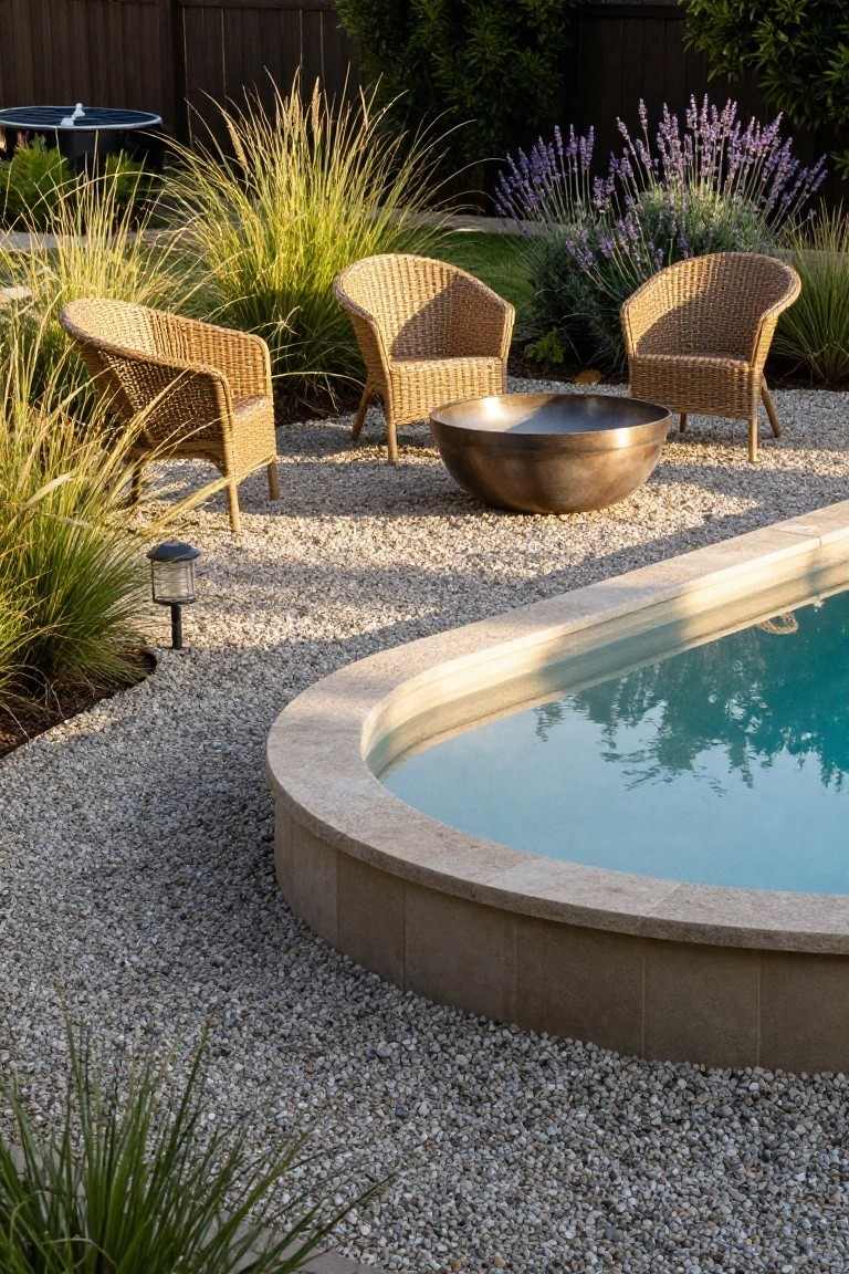 Gravel patio area with three wicker chairs arranged around a large bronze fire bowl next to the curved stone edge of a semi-inground pool, with ornamental grasses and lavender plants nearby.