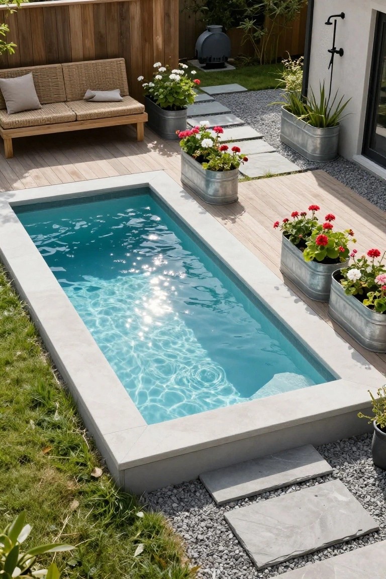 Narrow rectangular semi-inground pool with clear turquoise water and white stone edges, adjacent to light wood decking, surrounded by galvanized metal planters filled with red geraniums and other flowers, gravel paths, and grass in a backyard.