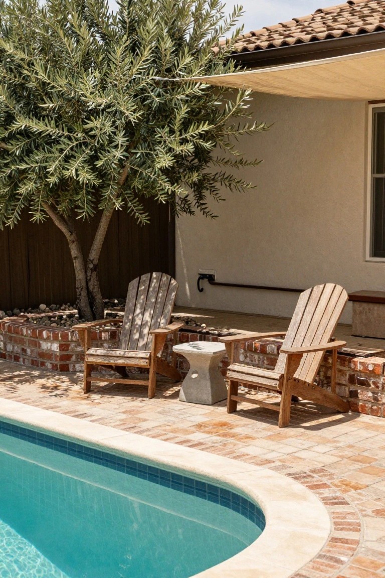 Two wooden Adirondack chairs and a small concrete pedestal table positioned on a brick and stone patio edge next to a turquoise semi-inground pool, with an olive tree, beige house wall, and wooden fence in the background.
