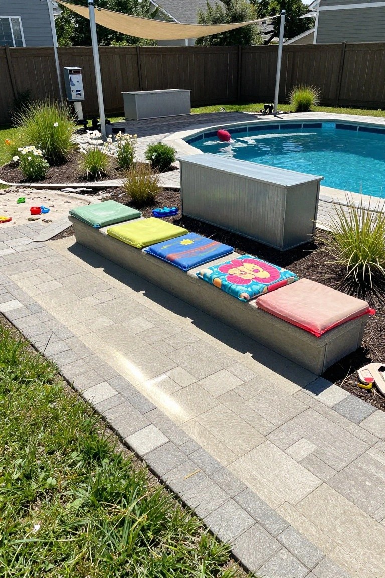Long gray concrete bench with colorful cushions along the edge of a blue semi-inground pool, surrounded by paver walkways, plants, and scattered toys in a backyard setting.