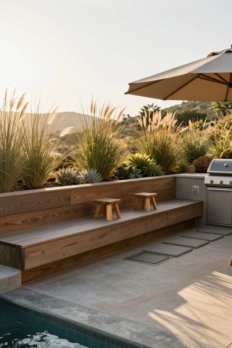 Semi-inground pool with concrete edging next to a raised wooden bench along a planter wall filled with pampas grass and succulents, two small wooden stools on the bench ledge, stainless steel barbecue grill, beige umbrella, and hillside backdrop at sunset.