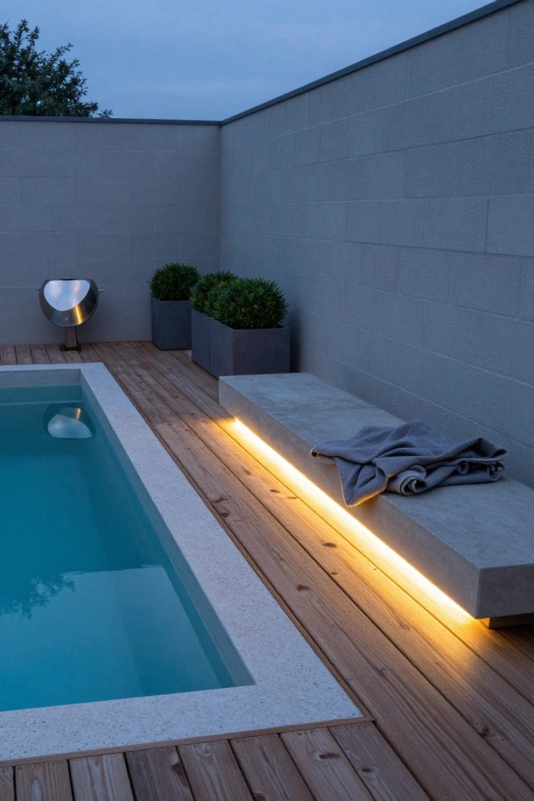 Semi-inground pool with turquoise water and white stone edging on a wooden deck, next to a long gray concrete bench lit from below by yellow LED strips, with potted boxwood plants, a metallic grill, and tall concrete walls at twilight.