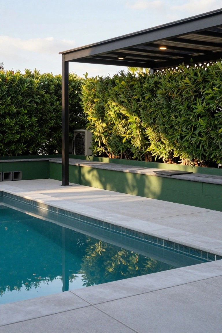 Semi-inground pool with light turquoise water, white stone decking, green painted raised walls including built-in gray stone benches and concrete blocks, flanked by tall dense green hedges and a black metal pergola with lights.