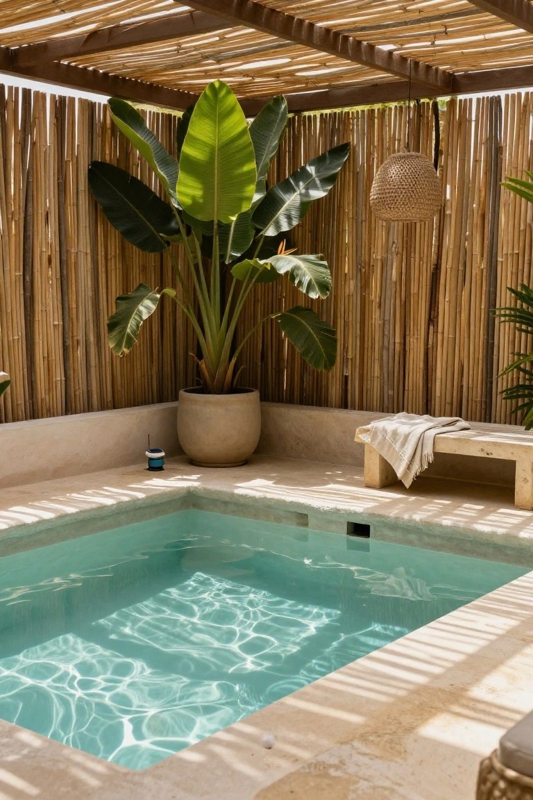 Small turquoise semi-inground pool surrounded by tall bamboo fencing under a thatched pergola, with a large potted plant, hanging lantern, and wooden bench on beige stone paving.